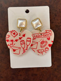 Square Pearl with Valentine Print Heart Earrings