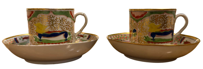A Pair of Worcester Dragons in Compartments Pattern Coffee Cups