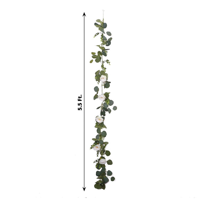 Artificial hanging greenery garland, 5.5 ft long, featuring white flowers and green leaves.