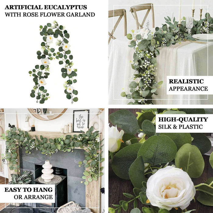 Artificial eucalyptus garland with rose flowers, easy to hang, high-quality silk and plastic.