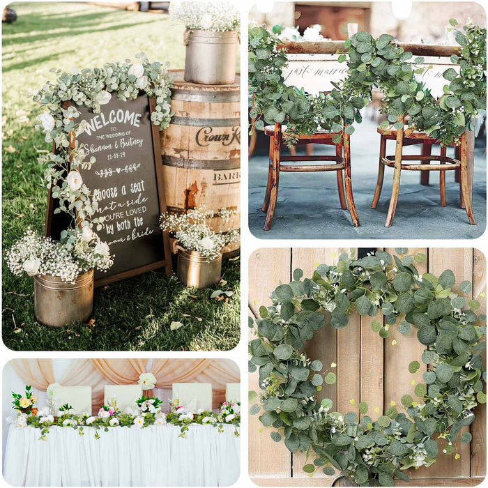 Wedding decor with greenery arrangements and a welcome sign.