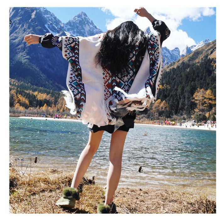Autumn Tibetan Ethnic Tassel Split Thick Knit Shawl Cloak Scarf