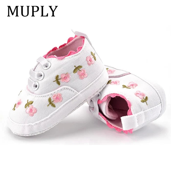 Home Sweet Home baby girl floral embroidered first walker shoes with soft soles, crib shoes designed for comfort and style.