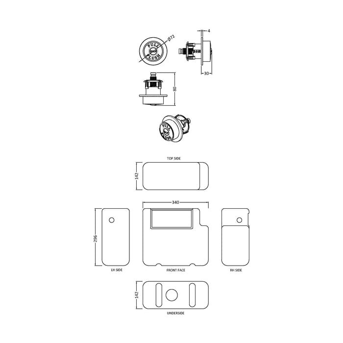 [BCC8T01] Balterley Universal Water Saving Dual Flush Side Inlet with Traditional Push Button - Technical Drawing