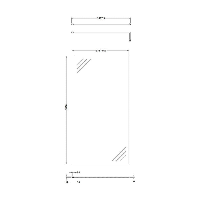 [BEWSSCBZ010] Balterley Wetroom Screen with Support Bar, 1000mm, Brushed Bronze - Technical Drawing
