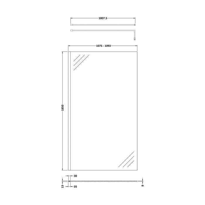 [BEWSSCBZ011] Balterley Wetroom Screen with Support Bar, 1100mm, Brushed Bronze - Technical Drawing