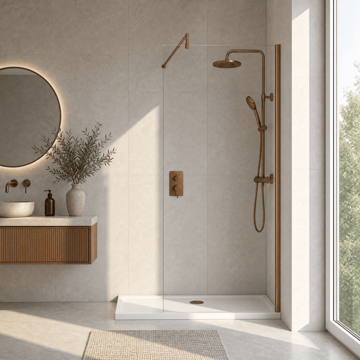 [BEWSSCBZ011] Balterley Wetroom Screen with Support Bar, 1100mm, Brushed Bronze - Lifestyle 1