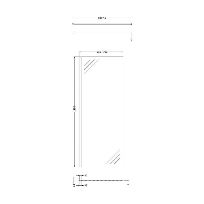 [BEWSSCBZ076] Balterley Wetroom Screen with Support Bar, 760mm, Brushed Bronze - Technical Drawing