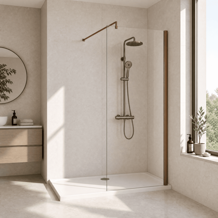 [BEWSSCBZ076] Balterley Wetroom Screen with Support Bar, 760mm, Brushed Bronze - Lifestyle 1