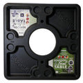 Black ABS plastic seafood/event table with multiple cut-outs for serving trays and beverage holders, featuring a center hole for attachment to a garbage can.