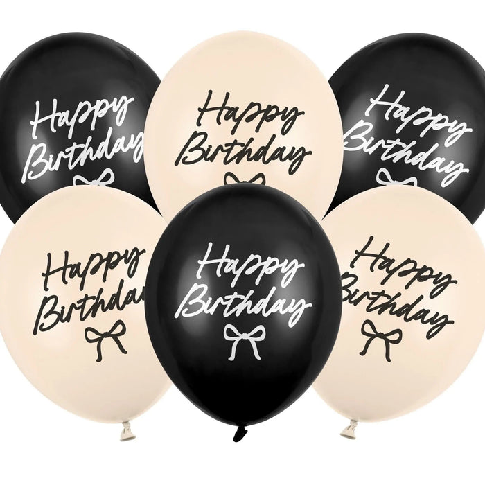 Happy Birthday Latex Balloons - Black & Cream Bow Balloons - Coquette Theme Birthday Decor-Elegant 12" Birthday Party Balloon-Helium Or Air - Jolie Fete UK