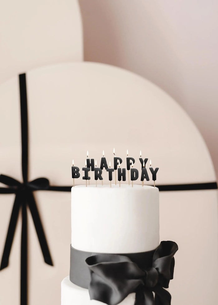 Black Happy Birthday Cake Candles - Black Cake Decorations - Plain Black Birthday Party Decor - Modern Monochrome Birthday-13 Letter Candles - Jolie Fete UK