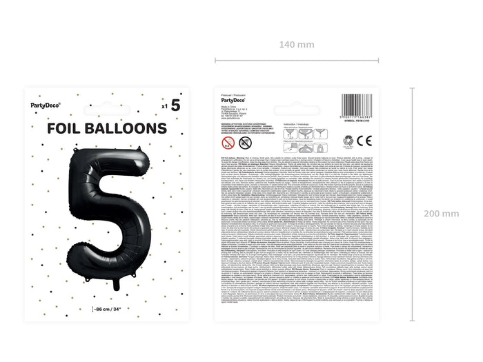 Black Number 5 Balloon 86cm / 34" - Large Matt Black Foil Mylar Digit - 50th Birthday Balloon - 5th - Anniversary Party Supplies - Jolie Fete UK