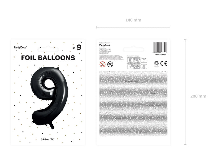 Black Number 9 Balloon 86cm / 34" - Large Matt Black Foil Mylar Digit - 90th Birthday Balloon - 9th - Anniversary Party Supplies - Jolie Fete UK