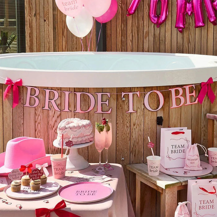 Pink Bride To Be Banner - She’s Tying The Knot Hen Party Bunting - Coquette Theme Decor With Pink Satin Bows - Hootyballoo - 2m - Jolie Fete UK