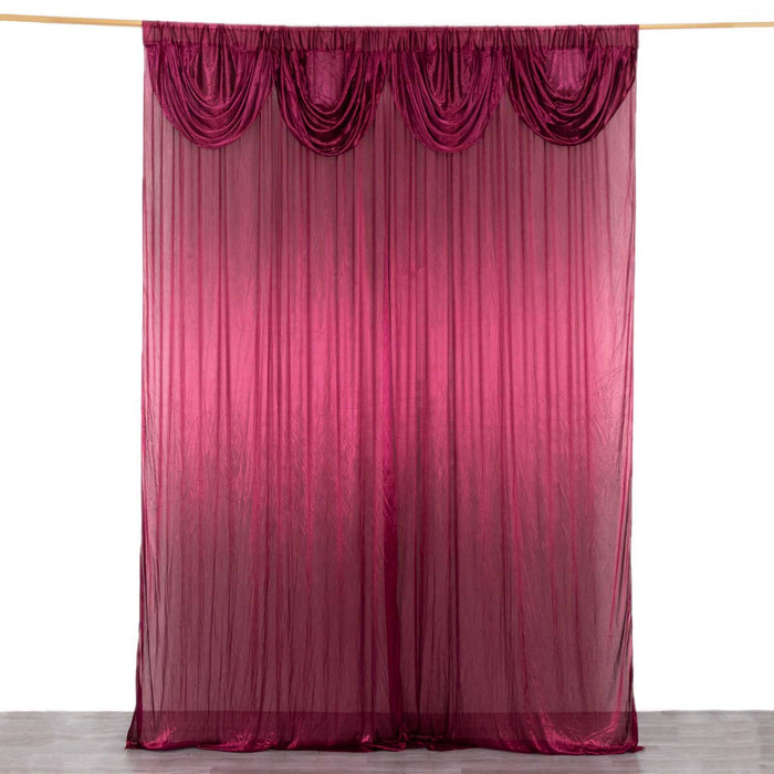 Sheer burgundy curtain with draped design, ideal for elegant decor.