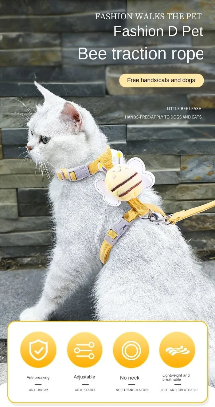 Cartoon Bee Cat Harness & Leash Set | Adjustable Walking Vest | S & M