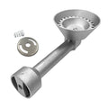 A silver cast aluminum burner for outdoors, including a round air control disc and a spring.