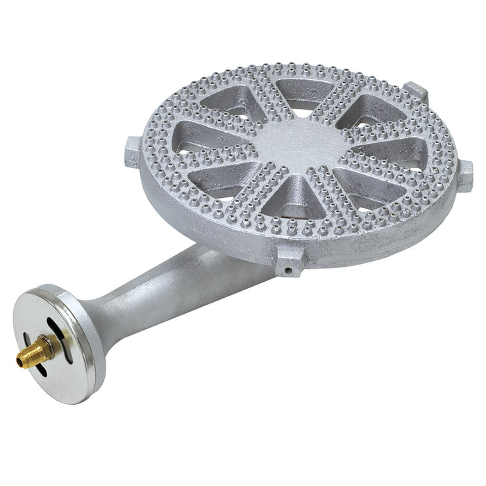 A high pressure cast iron burner with a circular design and a brass orifice connector on a white background.