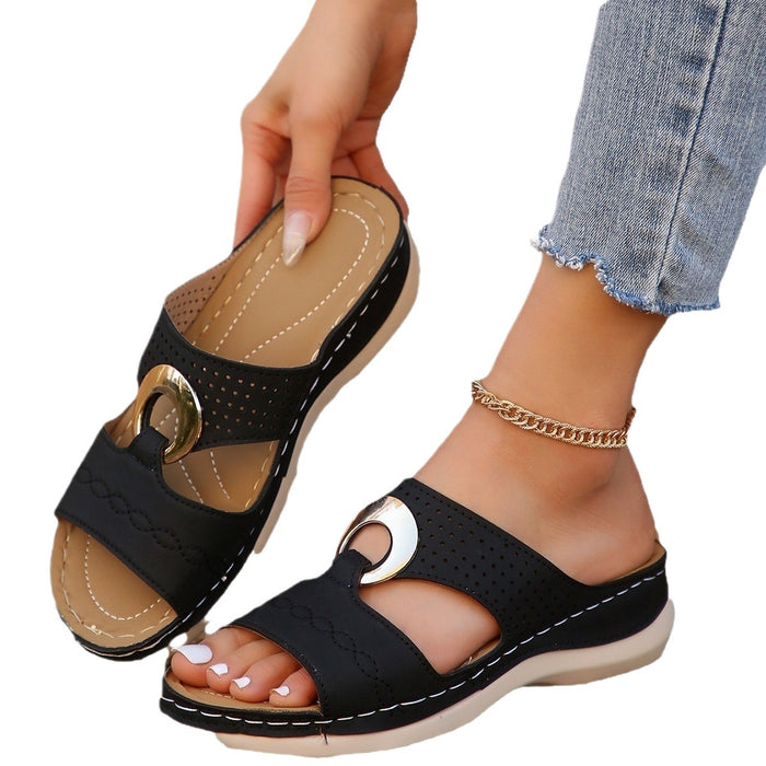 Chunky Soled Perforated Slippers | Wedge Heel Shoes