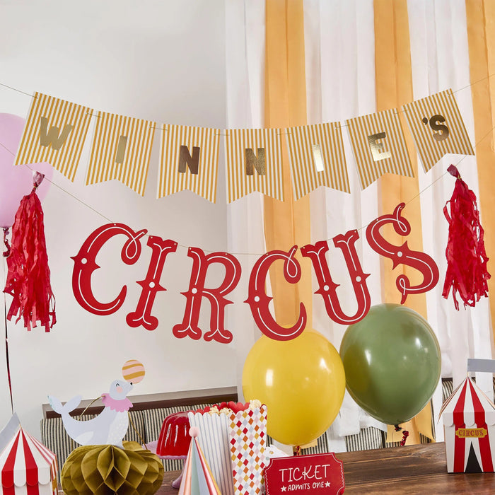 Circus Banner - Custom Name Party Bunting - Big Top Tassel Garland - Sticker Sheets - Carnival Party - Funfair Theme - Kids Birthday Party - Jolie Fete UK