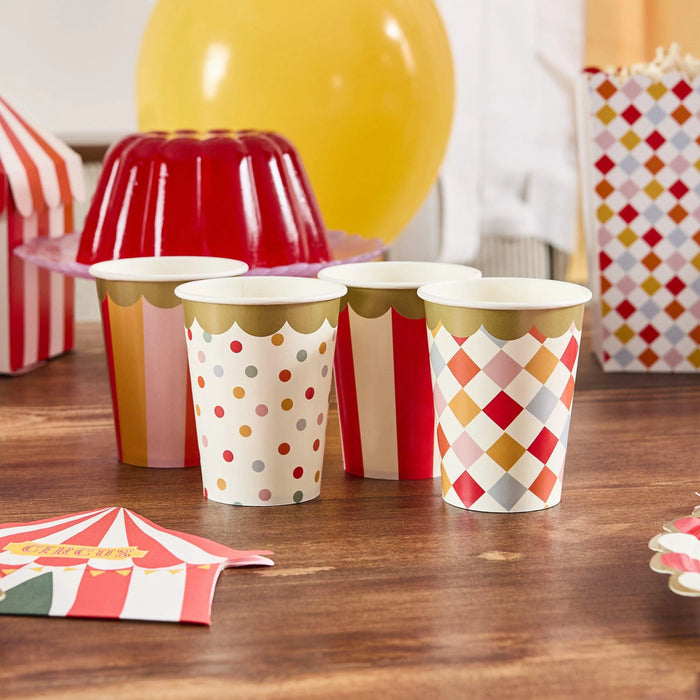 Circus Cups - Circus Party Paper Cups - Stripes, Harlequin, Dots - Carnival Party - Funfair Theme - Kids Birthday Party Supplies - Pack of 8 - Jolie Fete UK