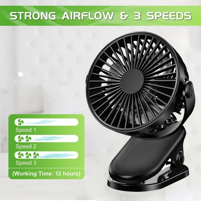 Home Sweet Home portable clip-on mini fan attached to a desk, showing adjustable blades and compact design for personal cooling.