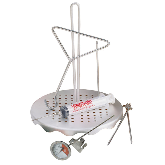 A complete poultry rack set including a perforated aluminum rack, lift hook, seasoning injector, fry thermometer, and detachable skewers on a white background.