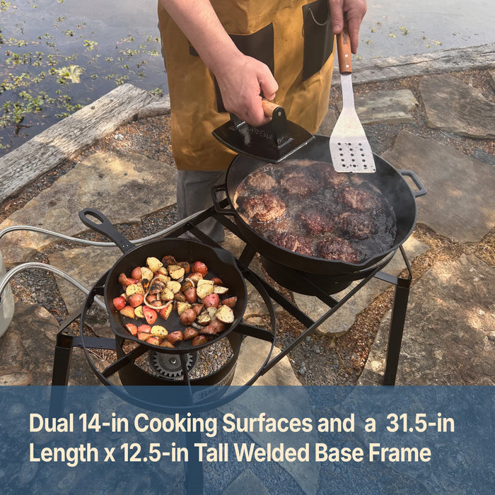Dual Burner Cooker outside with 2 cast iron skillets and text that reads dual 14-in cooking surfaces