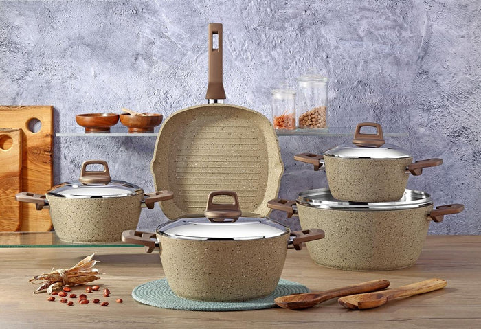 Ecoten 9-Piece Granite Cookware Set - Grill (Cream)