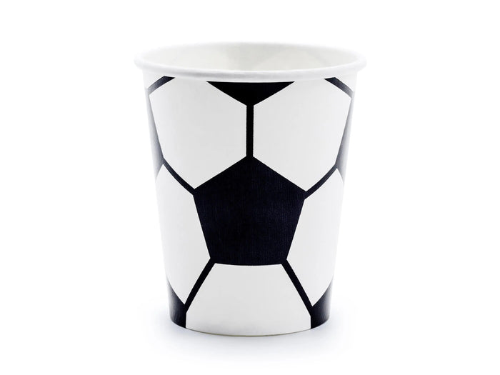 Football Paper Cups - Black & White Soccer Tableware - Sports Birthday Party Drinks - Sustainable Stadium Theme Decor - 260ml - Pack Of 6 - Jolie Fete UK