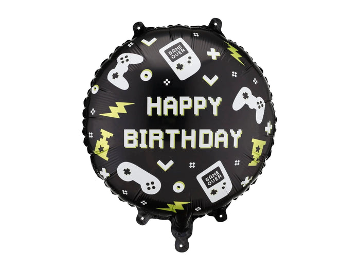 Gaming Party Balloon - Happy Birthday Balloon - Video Game Party Decor - Level Up Birthday Balloon - Black & Lime Green Gamer Theme - 18" - Jolie Fete UK