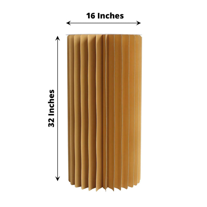 Brown accordion paper lamp, 16 inches wide and 32 inches tall.
