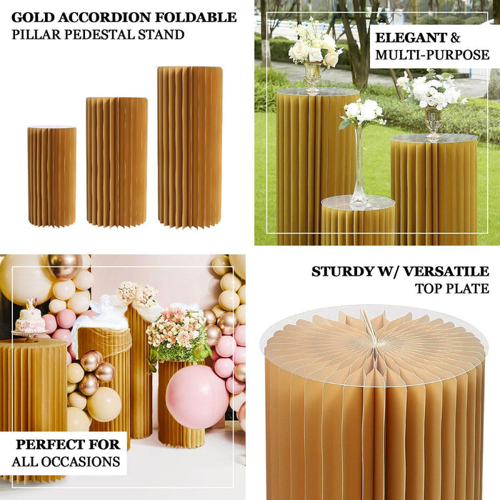 Gold accordion foldable pedestal stand for elegant and versatile decor.