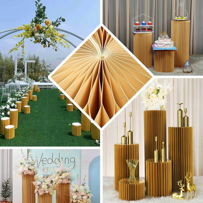 Gold paper pleated display stands for weddings and events.