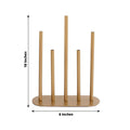 Gold candle holder with five varying height stands, measuring 10x8 inches.