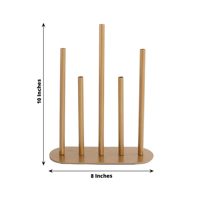 Gold candle holder with five varying height stands, measuring 10x8 inches.