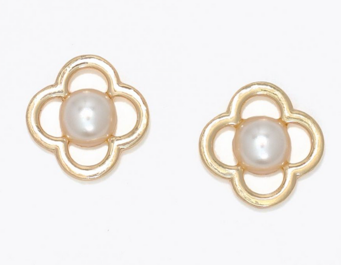 Gold Open Clover Pearl Earrings