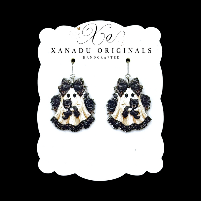 Goth Ghost Black Cat Dangle Earrings