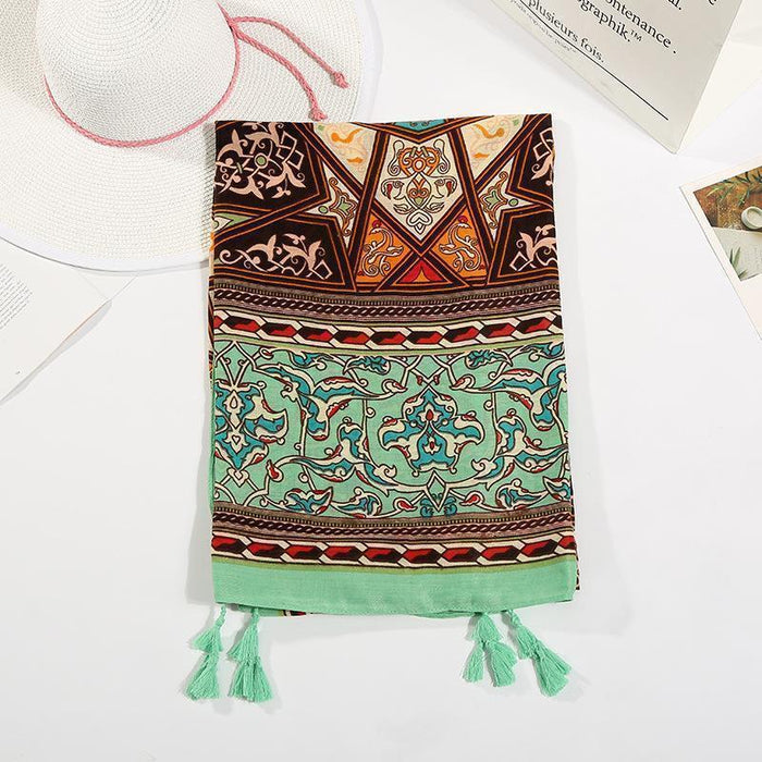 Green Rectangle National Style Vacation Printing Sunscreen Scarf Shawl Beach Towel