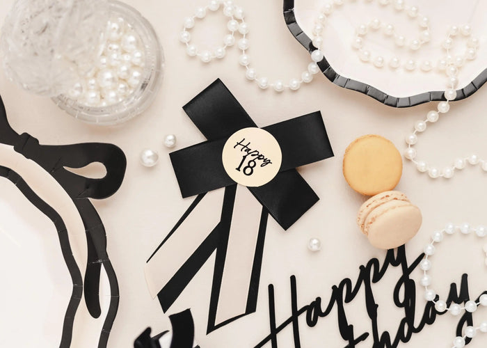 Happy 18 Birthday Rosette - Black & Cream Luxury Ribbon Badge - Modern Birthday Badge Alternative - 18th Birthday Accessory - Jolie Fete UK