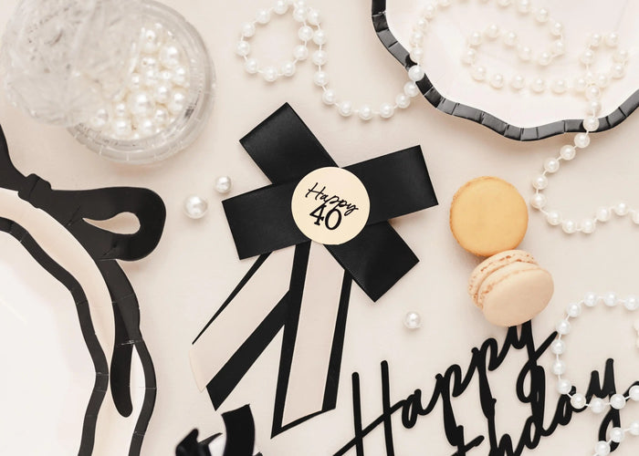 Happy 40 Birthday Rosette - Black & Cream Luxury Ribbon Badge - Modern Birthday Badge Alternative - 40th Birthday Accessory - Jolie Fete UK