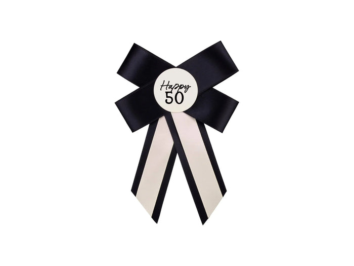 Happy 50 Birthday Rosette - Black & Cream Luxury Ribbon Badge - Modern Birthday Badge Alternative - 50th Birthday Accessory - Jolie Fete UK