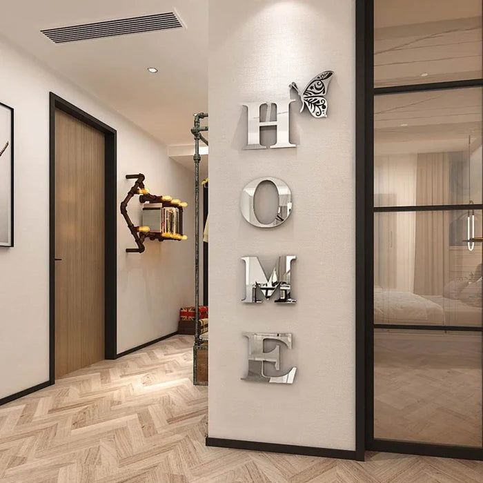 HOME 3D Mirror Wall Sticker – Silver Letter Sign for Entrance & Living Room Decor