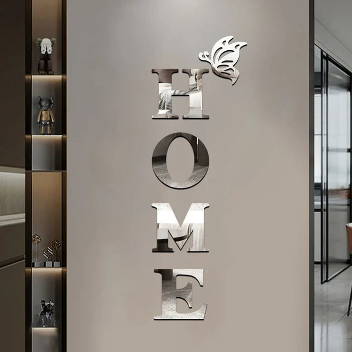 HOME 3D Mirror Wall Sticker – Silver Letter Sign for Entrance & Living Room Decor