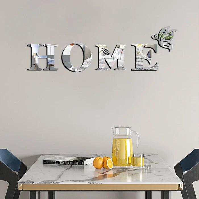 HOME 3D Mirror Wall Sticker – Silver Letter Sign for Entrance & Living Room Decor