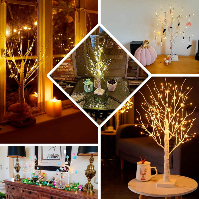 Decorative illuminated branch trees in cozy home settings.