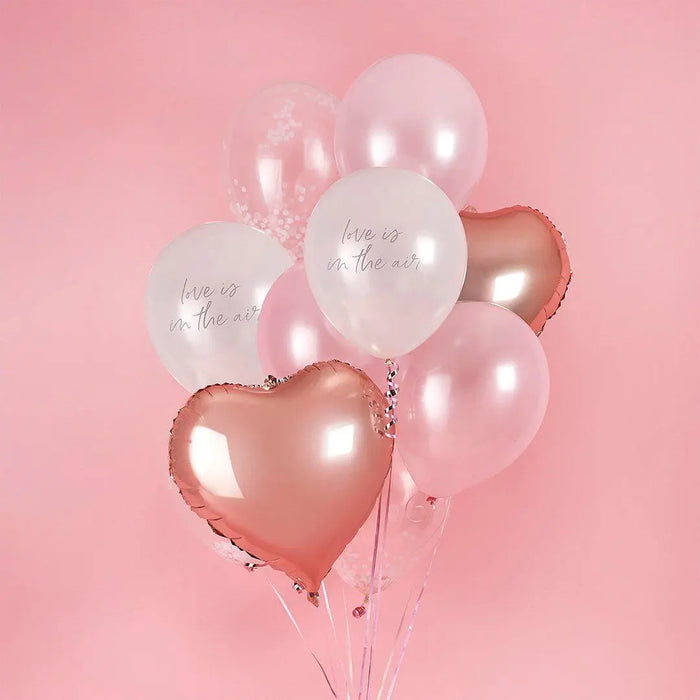 Love Is In The Air Balloon Bundle - Rose Gold Heart Foil & Pink Confetti Balloons - Valentine’s Day Decor - Engagement Party - Pack Of 12 - Jolie Fete UK
