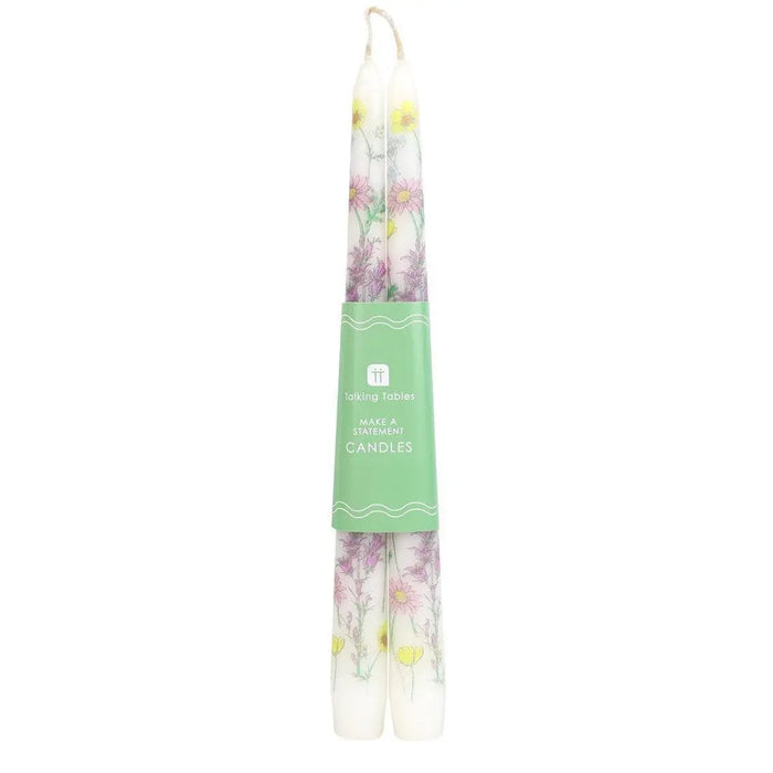 Meadow Pattern Dinner Candles - Floral Tall Candles - Wildflower Wedding Table Decor - Spring Gift - Boho Home Accents - Pack Of 2 - Jolie Fete UK
