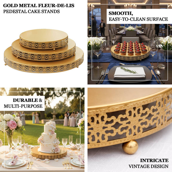 Gold metal fleur-de-lis cake stands with intricate design for elegant events.